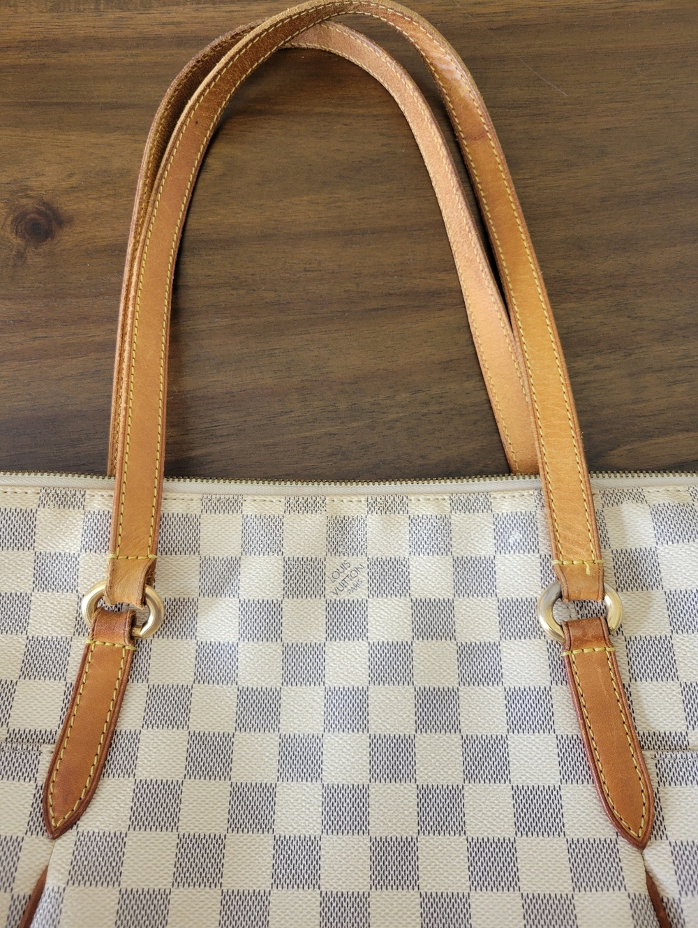 Louis Vuitton Gray & White Checkered Canvas Tote with Tan Leather Trim - Picture 14 of 15